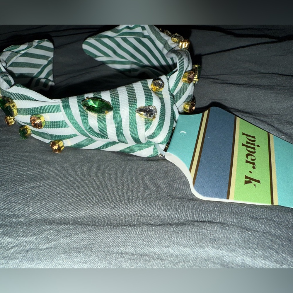 Piper K Striped Green and White Embellished Headband - Picture 2 of 4